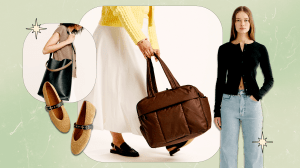 A collage featuring model shots from Banana Republic, CALPAK, and Everlane, along with a product shot of a pair of straw Mary Jane flats from Madewell.
