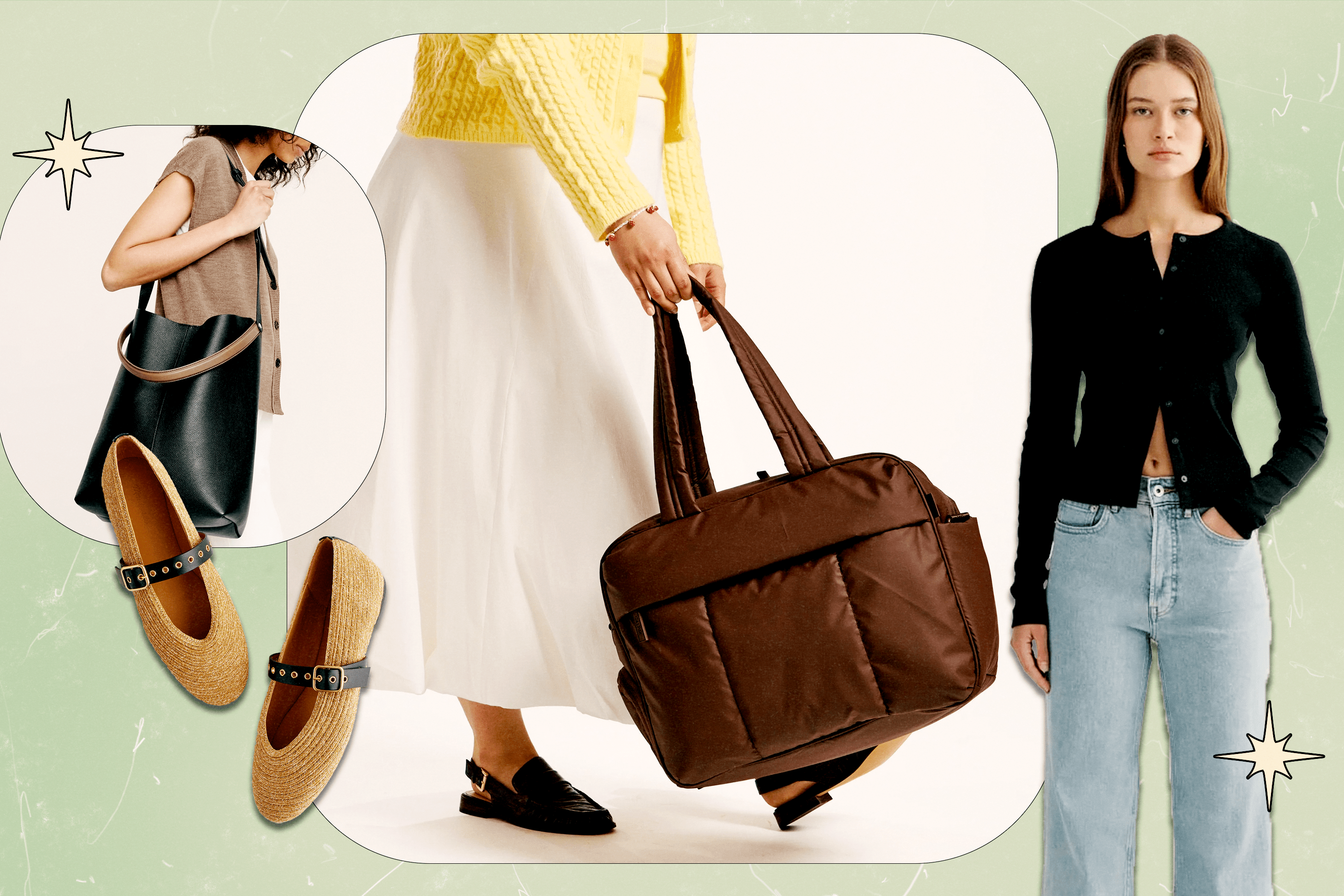 A collage featuring model shots from Banana Republic, CALPAK, and Everlane, along with a product shot of a pair of straw Mary Jane flats from Madewell.