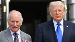 King Charles and U.S. President Donald Trump pose during a farewell ceremony at the White House on day four of the State Visit of King Charles III and Queen Camilla to the United States of America, on April 30, 2026 in Washington, D.C.