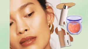 A collage featuring a photo of a female model wearing Merit makeup, alongside product shots of a Westman Atelier foundation stick, a Kosas baked blush compact, and a tube of REFY concealer.
