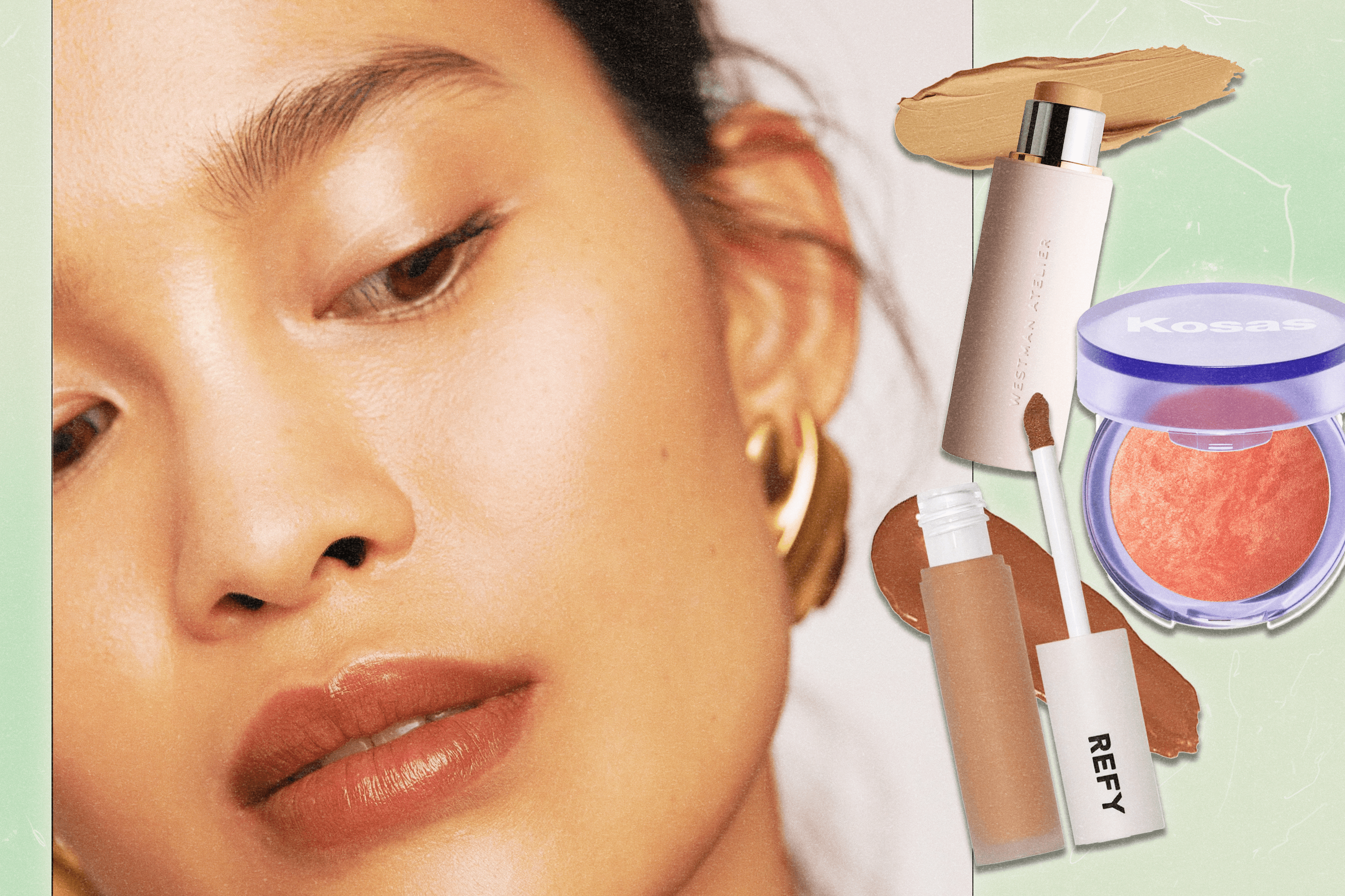 A collage featuring a photo of a female model wearing Merit makeup, alongside product shots of a Westman Atelier foundation stick, a Kosas baked blush compact, and a tube of REFY concealer.