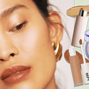 A collage featuring a photo of a female model wearing Merit makeup, alongside product shots of a Westman Atelier foundation stick, a Kosas baked blush compact, and a tube of REFY concealer.