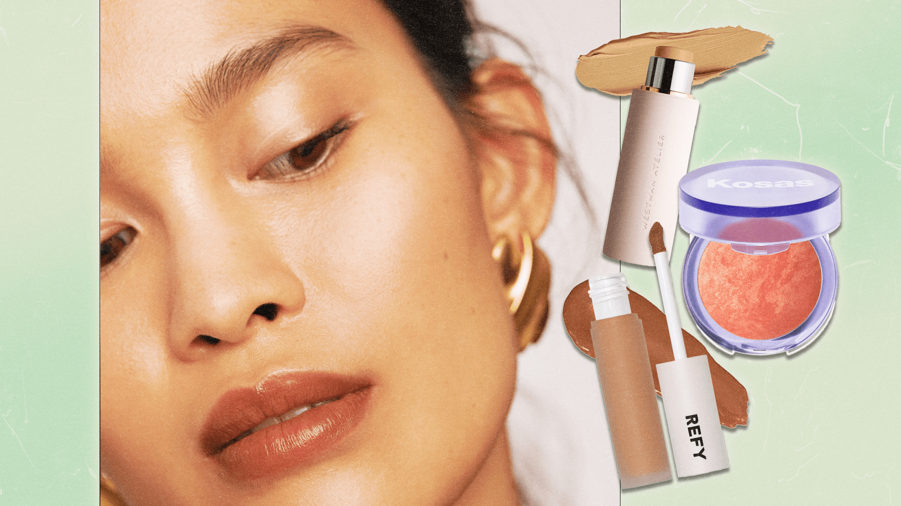 A collage featuring a photo of a female model wearing Merit makeup, alongside product shots of a Westman Atelier foundation stick, a Kosas baked blush compact, and a tube of REFY concealer.