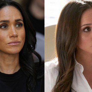 Meghan, Duchess of Sussex visits the World Central Kitchen Food (WCK) at the Jordan Country Office on Feb. 26, 2026, in Amman, Jordan; Meghan Markle as Rachel Zane on 'Suits.'