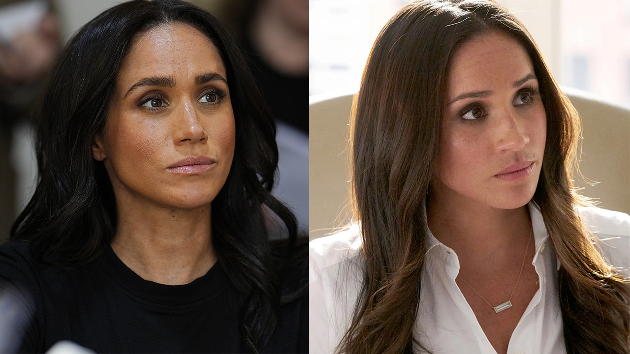 Meghan, Duchess of Sussex visits the World Central Kitchen Food (WCK) at the Jordan Country Office on Feb. 26, 2026, in Amman, Jordan; Meghan Markle as Rachel Zane on 'Suits.'