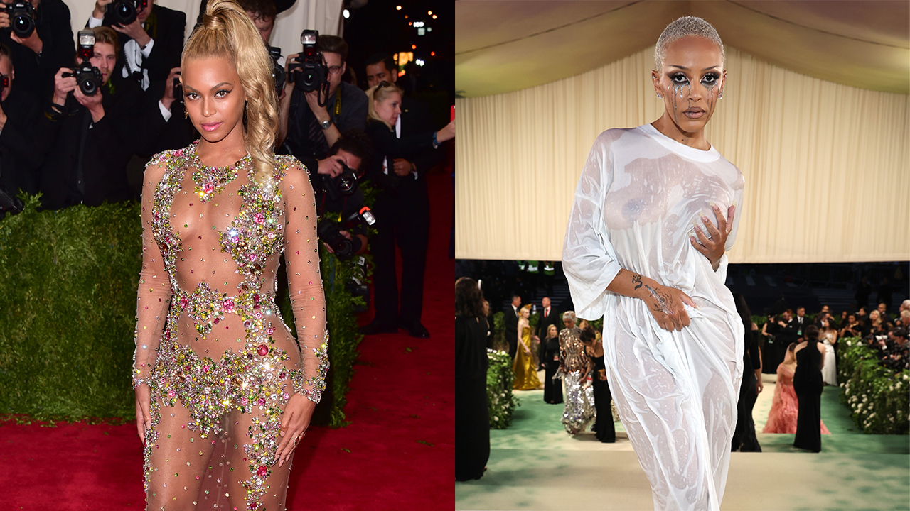 Beyonce attends the 'China: Through The Looking Glass' Costume Institute Benefit Gala at Metropolitan Museum of Art on May 4, 2015 in New York City; Doja Cat attends The 2024 Met Gala Celebrating "Sleeping Beauties: Reawakening Fashion" at The Metropolitan Museum of Art on May 06, 2024 in New York City.