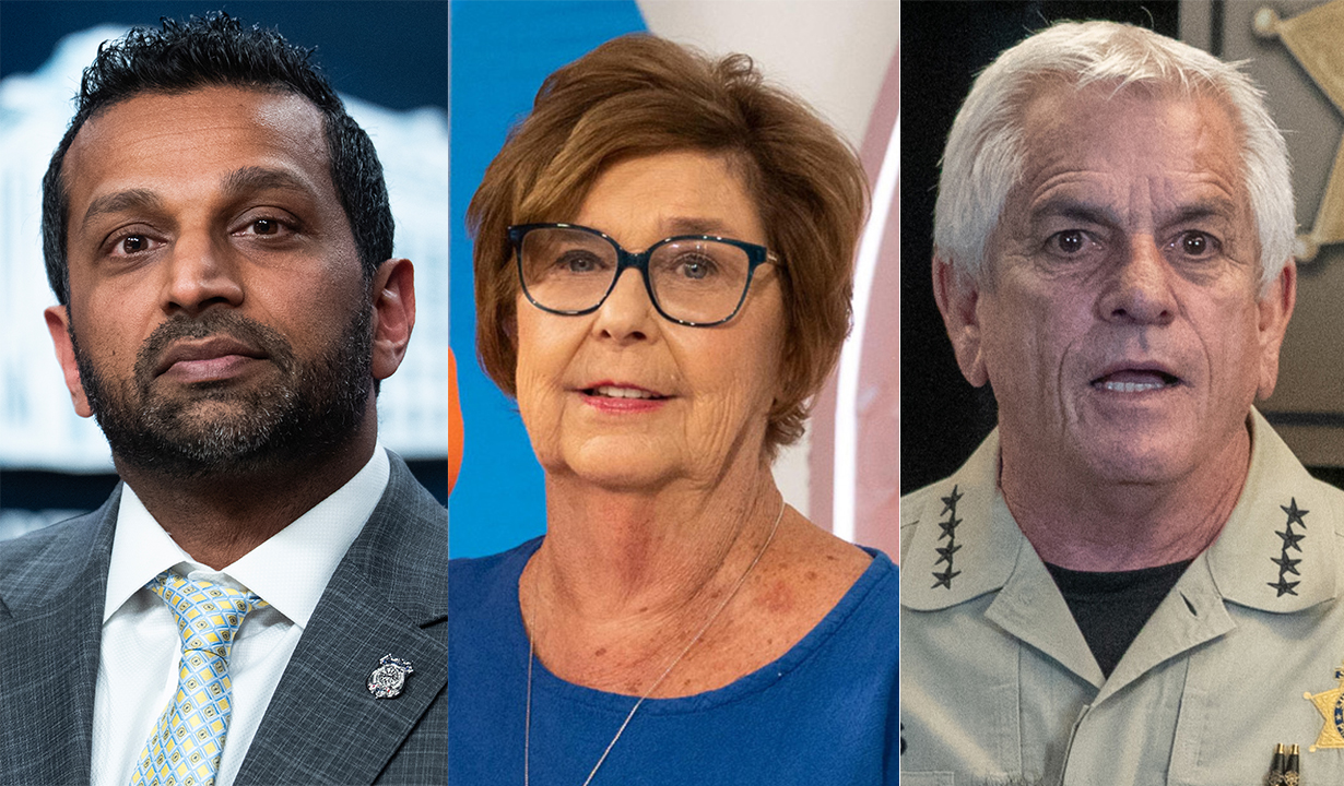 FBI Director Kash Patel conducts a news conference at the Department of Justice on April 27, 2026; Nancy Guthrie on June 15, 2023; Pima County Sheriff, Chris Nanos speaks to the media on Feb. 3, 2026.