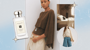 A collage featuring a Jo Malone London cologne, a model wearing a brown cape top from MANGO, a bed dressed in Boll & Branch sheets and bedding, and a model wearing an ivory crochet top from Treasure & Bond.