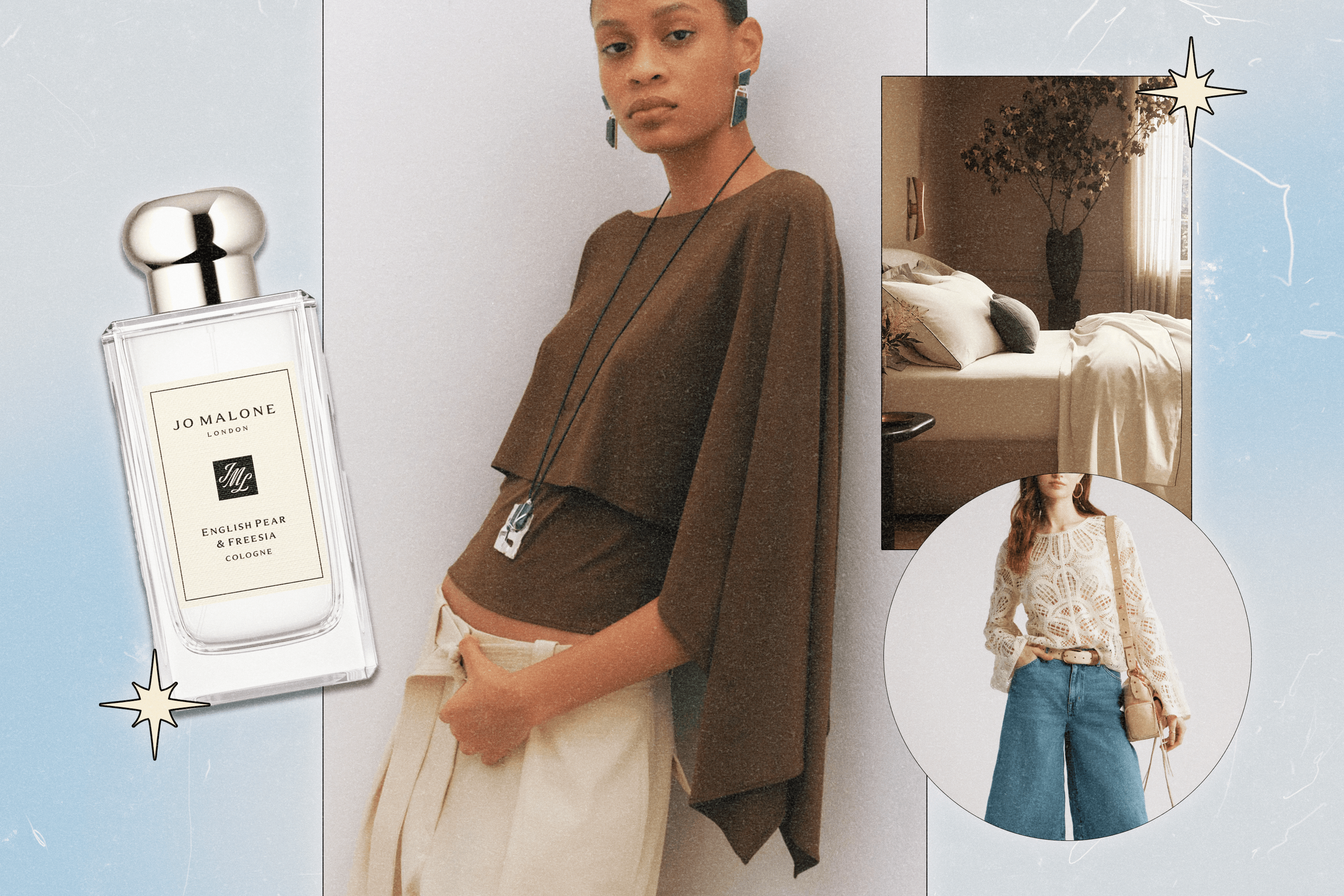 A collage featuring a Jo Malone London cologne, a model wearing a brown cape top from MANGO, a bed dressed in Boll & Branch sheets and bedding, and a model wearing an ivory crochet top from Treasure & Bond.