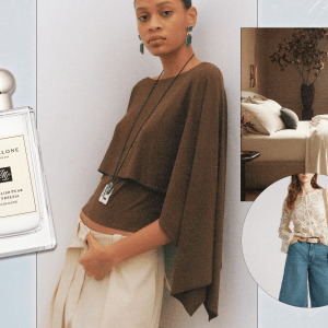 A collage featuring a Jo Malone London cologne, a model wearing a brown cape top from MANGO, a bed dressed in Boll & Branch sheets and bedding, and a model wearing an ivory crochet top from Treasure & Bond.