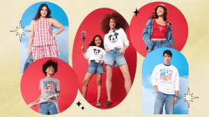 A collage featuring campaign shots from the 2026 Old Navy x Disney Mickey & Friends Collection (women's, childrens', and men's styles).