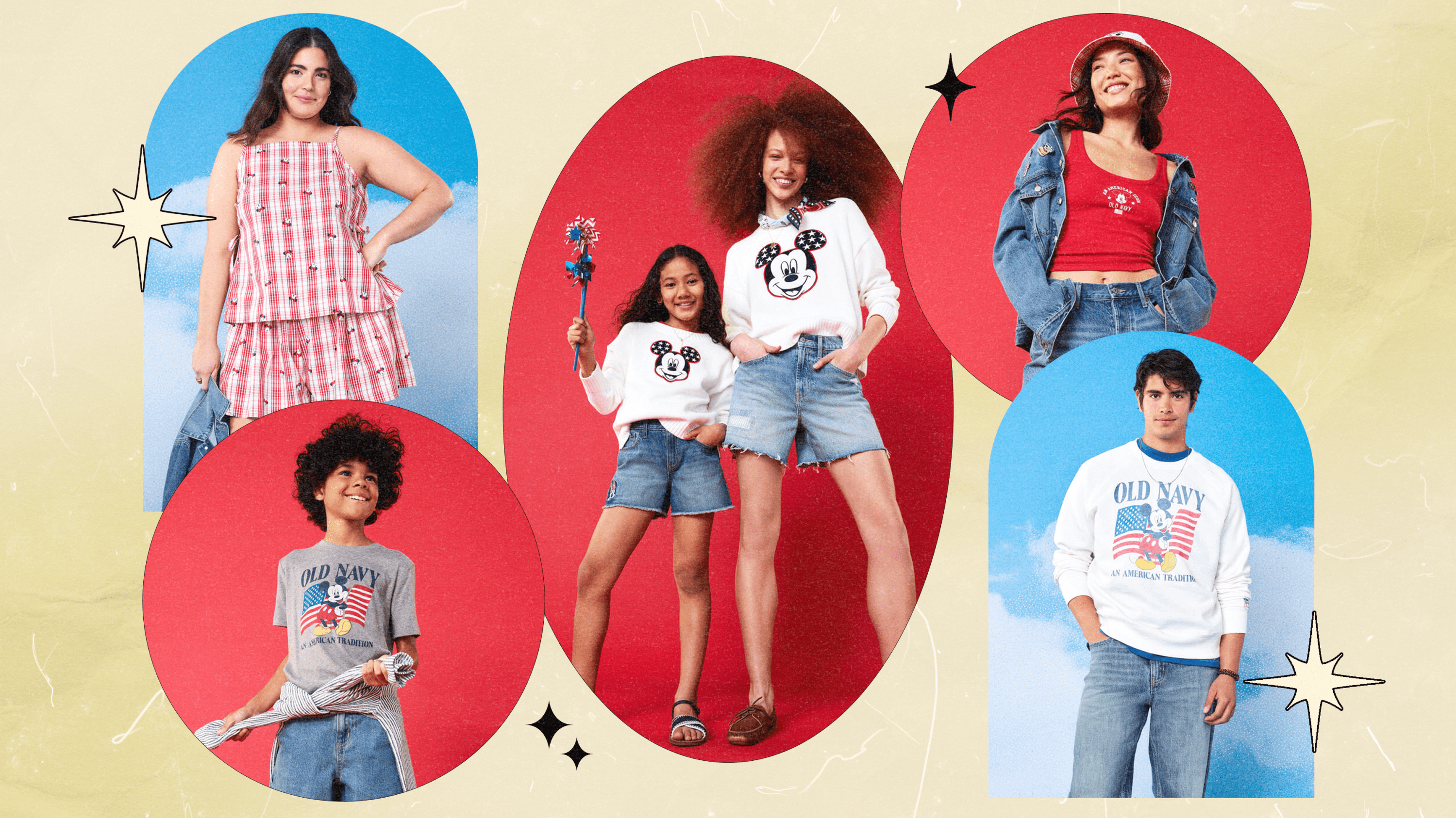 A collage featuring campaign shots from the 2026 Old Navy x Disney Mickey & Friends Collection (women's, childrens', and men's styles).