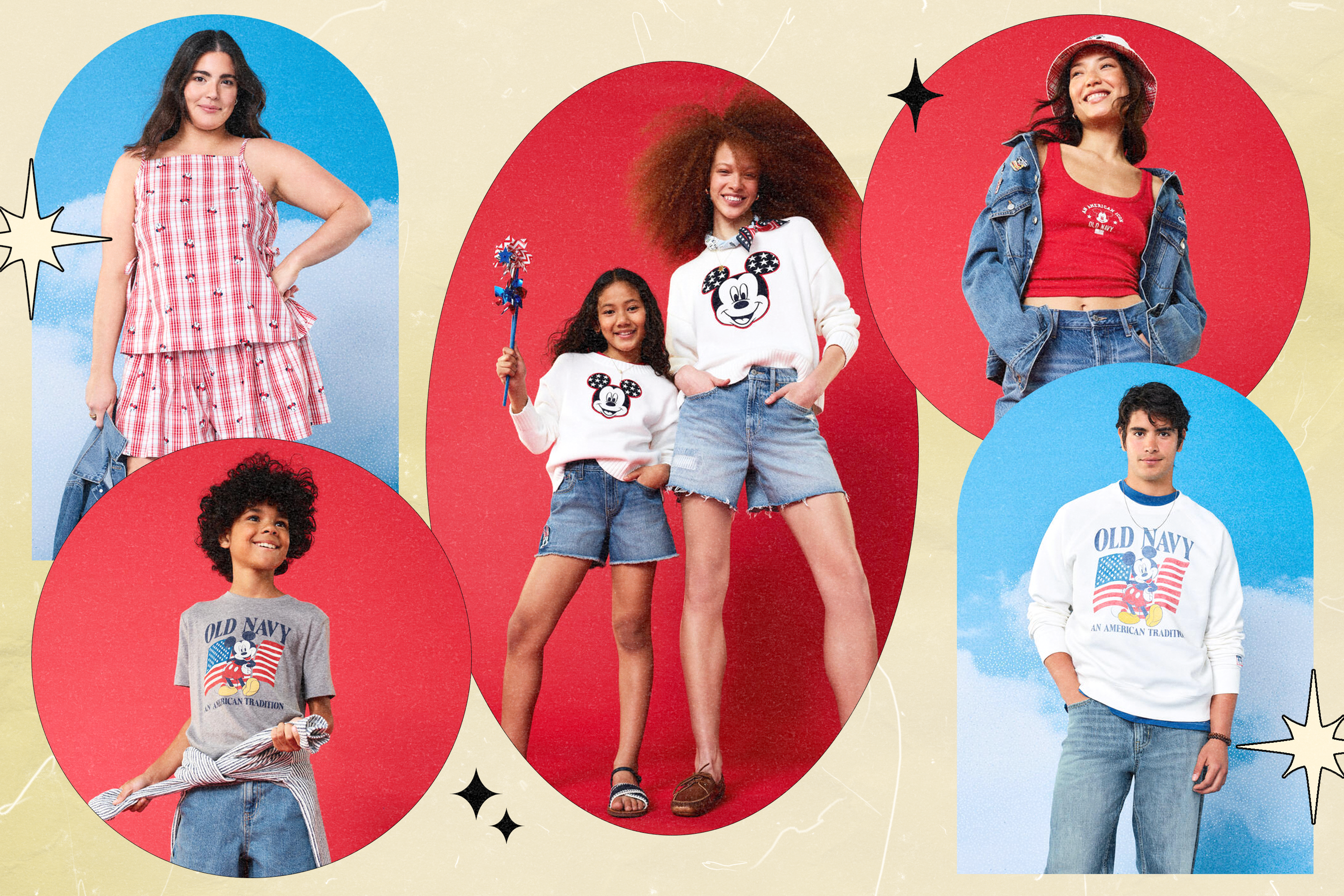 A collage featuring campaign shots from the 2026 Old Navy x Disney Mickey & Friends Collection (women's, childrens', and men's styles).