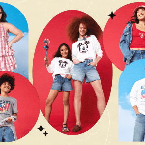 A collage featuring campaign shots from the 2026 Old Navy x Disney Mickey & Friends Collection (women's, childrens', and men's styles).