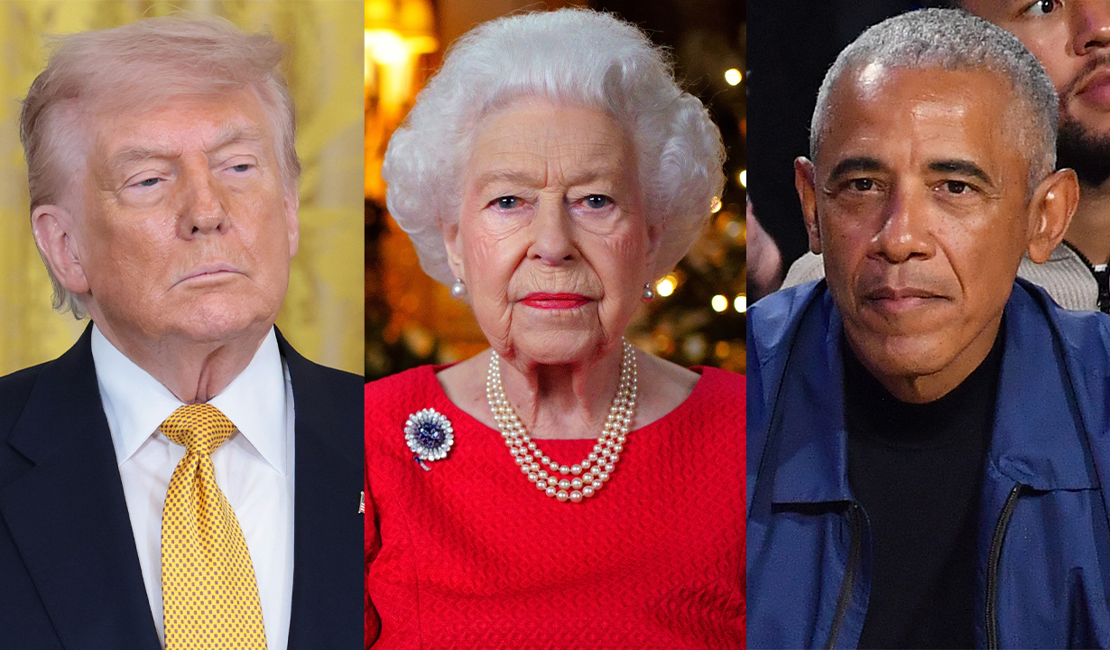 WASHINGTON, DC - MAY 06: U.S. President Donald Trump stands by during a military mothers celebration in the East Room of the White House on May 6, 2026 in Washington, DC.; WINDSOR, ENGLAND - DECEMBER 23: Queen Elizabeth II records her annual Christmas broadcast in the White Drawing Room at Windsor Castle on December 23, 2021 in Windsor, England; INGLEWOOD, CALIFORNIA - FEBRUARY 15: (L-R) Michelle and Barack Obama sit with Julius Erving while attending the 75th NBA All-Star Game at Intuit Dome on February 15, 2026 in Inglewood, California.