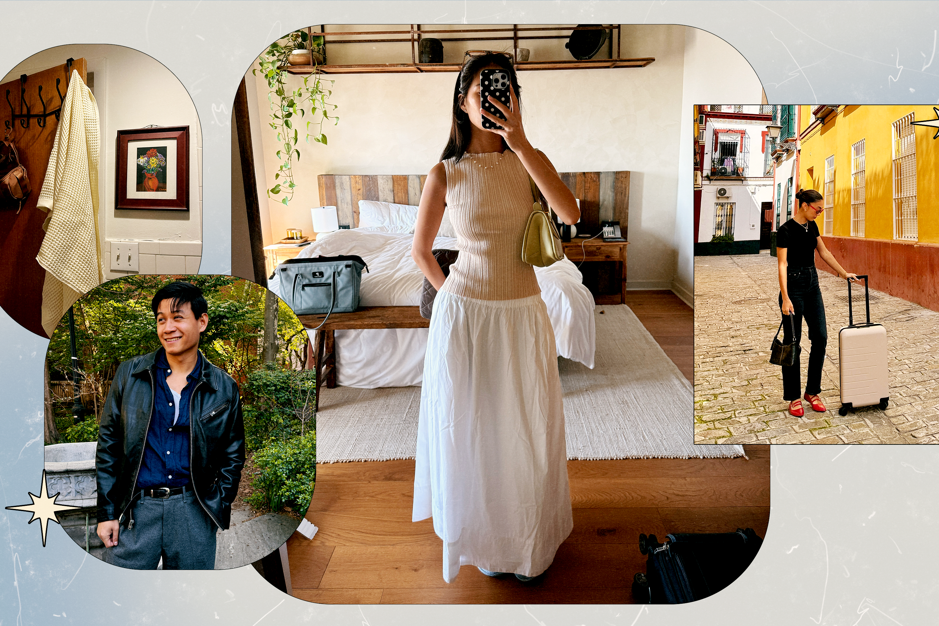 A collage featuring four photos of Quince products, taken by StyleCaster editors (a towel hanging in a bathroom; Jason Pham wearing Quince's leather moto jacket; Kaili JiMei wearing Quince's ribbed knit tank; Jenzia Burgos rolling Quince's carry-on suitcase).