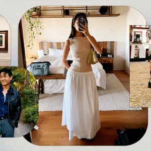 A collage featuring four photos of Quince products, taken by StyleCaster editors (a towel hanging in a bathroom; Jason Pham wearing Quince's leather moto jacket; Kaili JiMei wearing Quince's ribbed knit tank; Jenzia Burgos rolling Quince's carry-on suitcase).