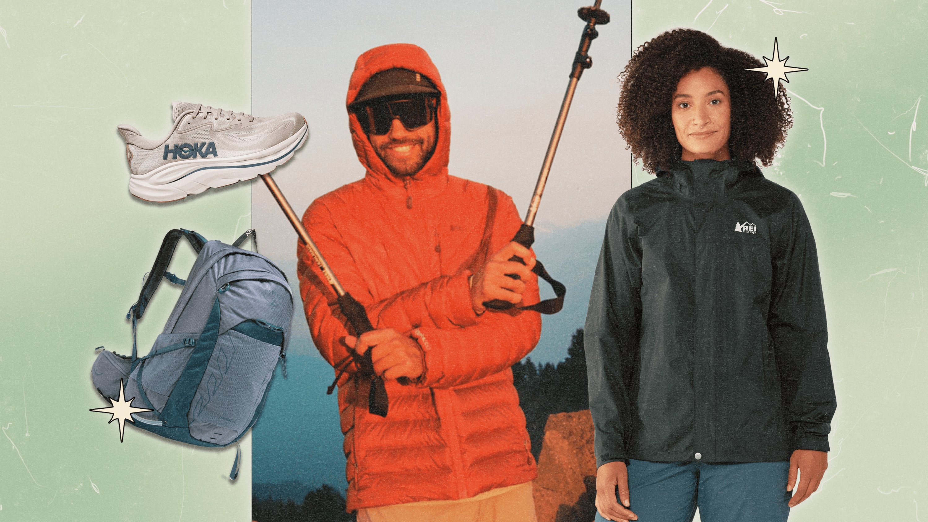A collage featuring product shots of a HOKA sneaker and an Osprey backpack, an image of a man hiking outdoors, and a model shot of a woman wearing a black REI jacket.