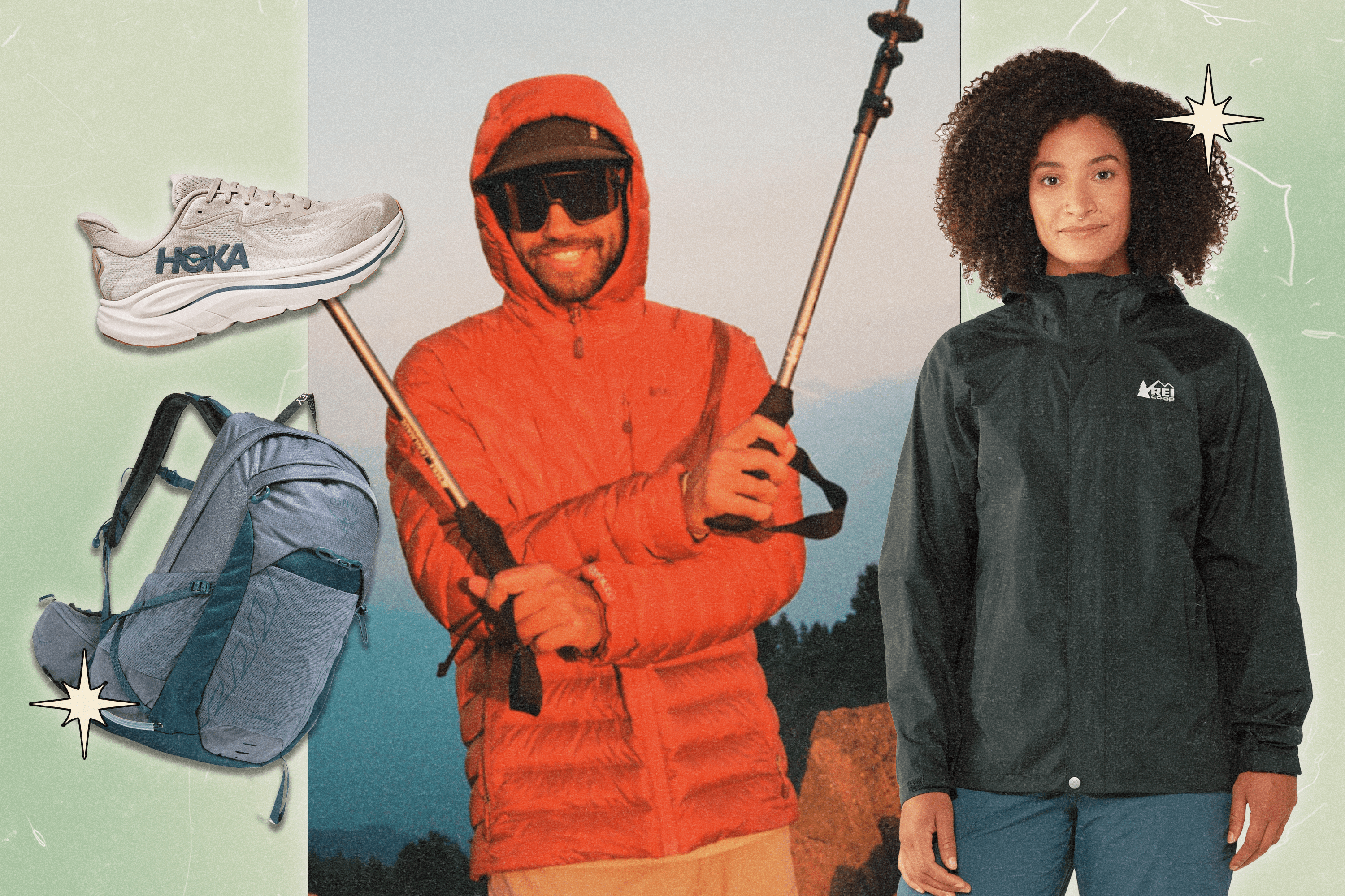 A collage featuring product shots of a HOKA sneaker and an Osprey backpack, an image of a man hiking outdoors, and a model shot of a woman wearing a black REI jacket.