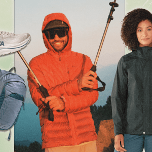 A collage featuring product shots of a HOKA sneaker and an Osprey backpack, an image of a man hiking outdoors, and a model shot of a woman wearing a black REI jacket.