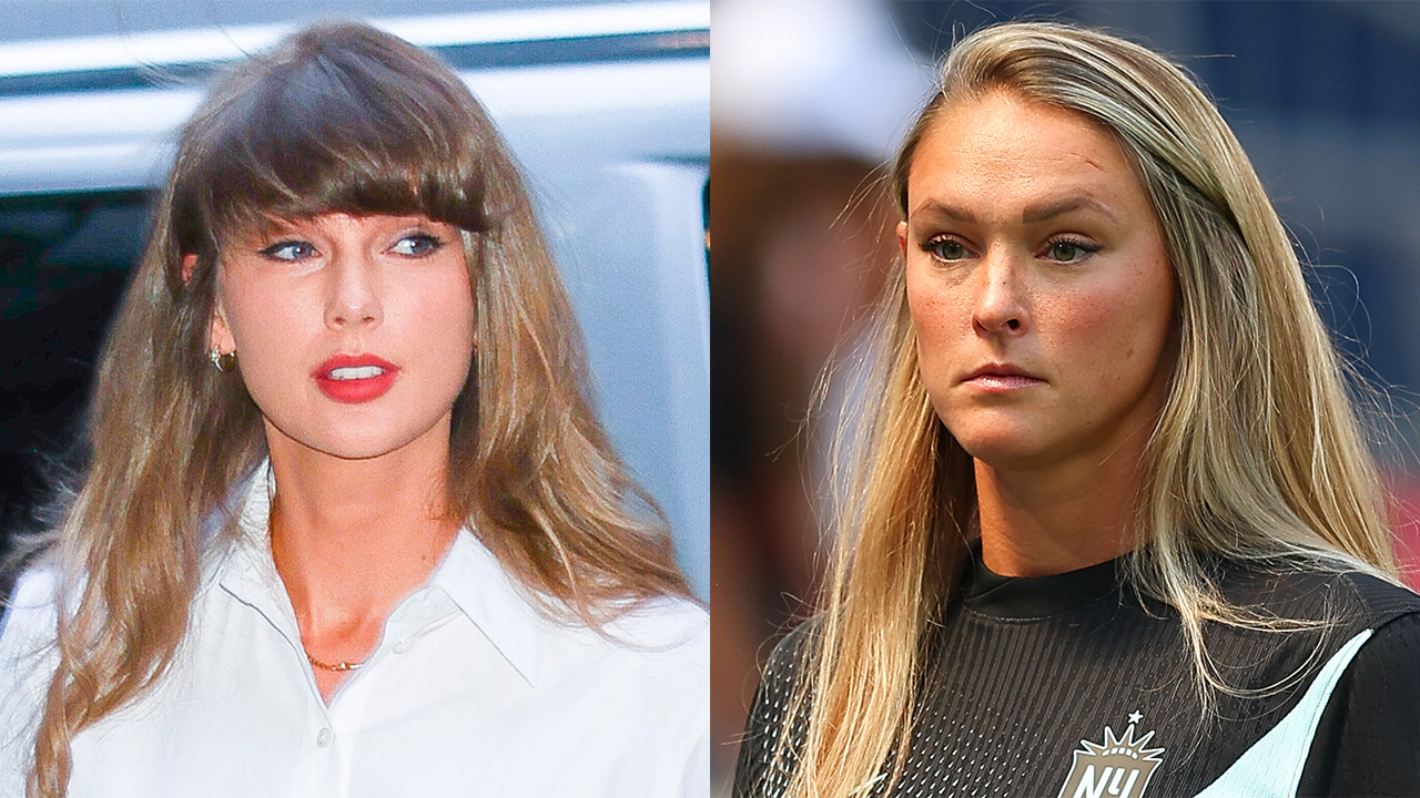 NEW YORK, NEW YORK - MAY 14: Taylor Swift seen in NoHo on May 14, 2026 in New York City; HARRISON, NJ - AUGUST 09: Kylie Kelce American podcaster and Dove spokesperson talks to the crowd prior to the NWSL game on August 9, 2025 at Sports Illustrated Stadium in Harrison, New Jersey.