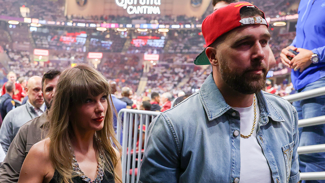 CLEVELAND, OHIO - MAY 23: (L-R) Singer Taylor Swift and Travis Kelce of the Kansas City Chiefs attend Game Three between the New York Knicks and the Cleveland Cavaliers in the NBA Eastern Conference Finals at Rocket Arena on May 23, 2026 in Cleveland, Ohio.