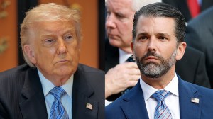 BEIJING, CHINA - MAY 15: U.S. President Donald Trump looks on during a meeting with Chinese President Xi Jinping (not pictured) on the sidelines of a visit to Zhongnanhai Garden on May 15, 2026 in Beijing, China; WASHINGTON, DC - OCTOBER 14: Donald Trump Jr. (R) sits with his girlfriend Bettina Anderson prior to a Presidential Medal of Freedom ceremony in the Rose Garden of the White House on October 14, 2025 in Washington, DC.