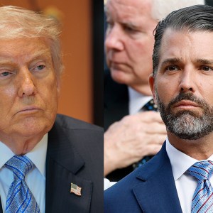 BEIJING, CHINA - MAY 15: U.S. President Donald Trump looks on during a meeting with Chinese President Xi Jinping (not pictured) on the sidelines of a visit to Zhongnanhai Garden on May 15, 2026 in Beijing, China; WASHINGTON, DC - OCTOBER 14: Donald Trump Jr. (R) sits with his girlfriend Bettina Anderson prior to a Presidential Medal of Freedom ceremony in the Rose Garden of the White House on October 14, 2025 in Washington, DC.