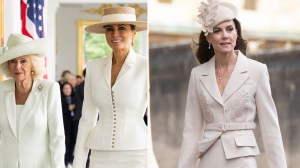 Queen Camilla and First Lady Melania Trump on April 28, 2026 in Washington, D.C.; Catherine, Princess of Wales attends the 2026 Easter Matins Service at St George's Chapel on April 5, 2026 in Windsor, England.