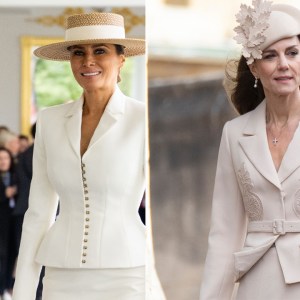 Queen Camilla and First Lady Melania Trump on April 28, 2026 in Washington, D.C.; Catherine, Princess of Wales attends the 2026 Easter Matins Service at St George's Chapel on April 5, 2026 in Windsor, England.