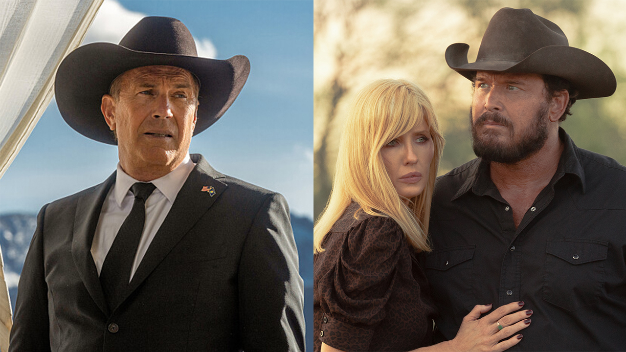 Kevin Costner as John Dutton III on 'Yellowstone'; Kelly Reilly as Beth Dutton and Cole Hauser as Rip Wheeler in 'Dutton Ranch' season 1, episode 4.