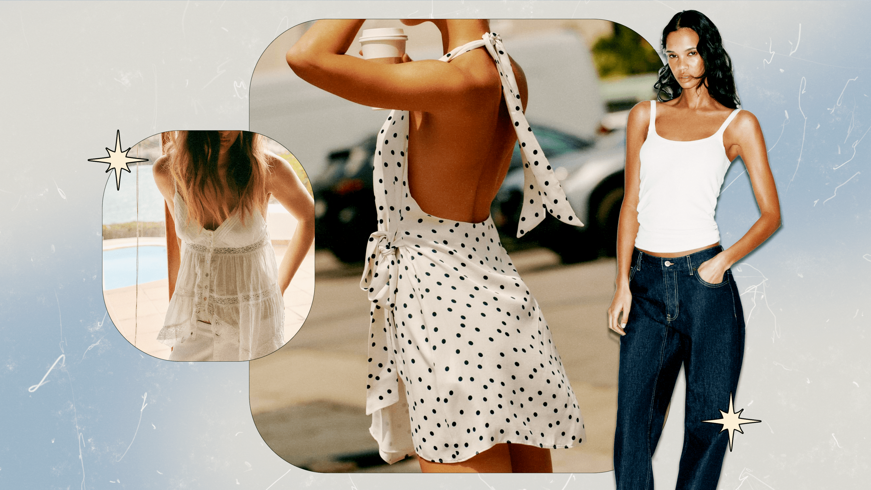 A collage feauturing three models wearing Zara clothing (a white top, a white and black polka dot short dress, and a white cami and dark wash jeans).