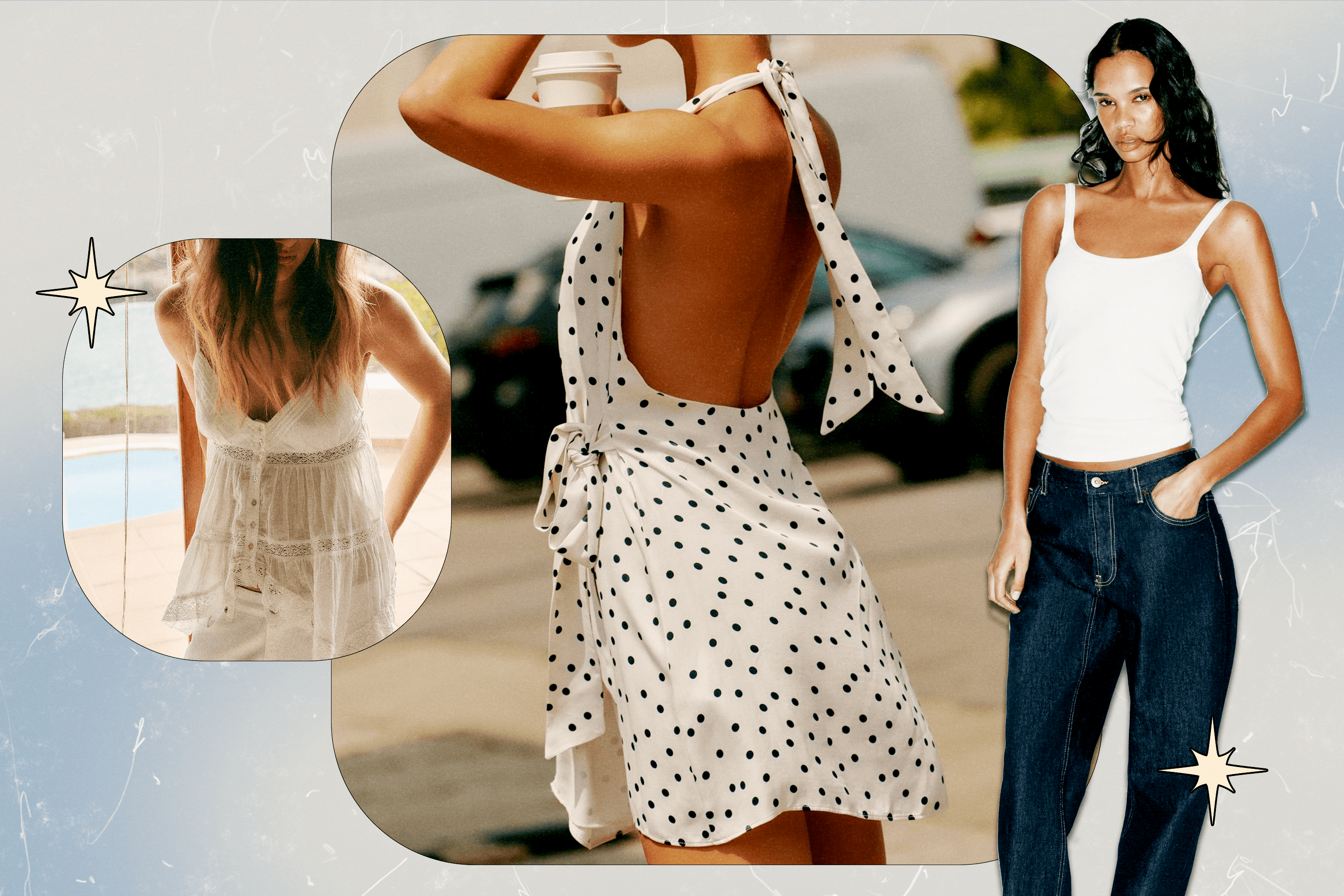 A collage feauturing three models wearing Zara clothing (a white top, a white and black polka dot short dress, and a white cami and dark wash jeans).
