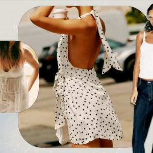A collage feauturing three models wearing Zara clothing (a white top, a white and black polka dot short dress, and a white cami and dark wash jeans).